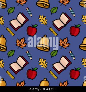 Ein lebendiges, nahtloses Vektor-Muster mit einer verspielten Mischung aus Schulutensilien, Herbstlaub und einer Schulglocke vor einem tiefblauen Hintergrund, ID Stock Vektor