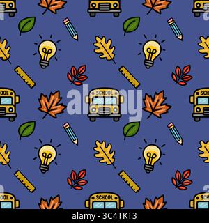 Ein lebendiges, nahtloses Vektor-Muster mit einer verspielten Mischung aus Herbstblättern, Schulbus-Ikonen, Bleistiften, Glühbirnen und Linealen, gegen ein tiefes blu-ray-Bild Stock Vektor