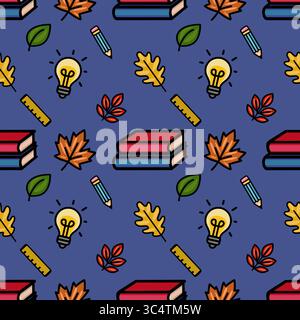 Ein lebendiges, nahtloses Vektor-Muster mit einer verspielten Mischung aus Herbstblättern, Schulutensilien wie Bleistifte und Lineale, gestapelten Büchern und hellem Licht B Stock Vektor