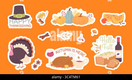 Aufkleber für die Herbst-Saison. Erntezeit, Thanksgiving-Tageselemente. Herbstgemüse, Kürbis, Apfel, Gewürze. Leckeres truthahngericht und Vogel, Vektor-Clipart Stock Vektor
