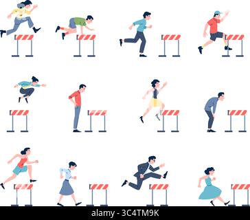 Springen Sie über Barrieren. Menschen, die rennen und Hürden springen. Geschäftsfiguren, Studenten, Mitarbeiter und Hürde. Bürowettbewerb, neuere Vektorsätze Stock Vektor