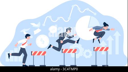 Geschäftliche Hürden. Bürofiguren laufen schneller und springen über Barrieren. Teamleiterwettbewerb, Mitarbeiter kämpfen um Erfolg. Letzter Vektorjob Stock Vektor