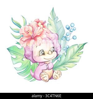 Niedlicher Dinosaurier in Aquarellfarben. Pastellfarbe, Clip Art, Cartoon Stil für Kinderzimmer, Babydusche, Geburtstagsparty, druckbar Stock Vektor