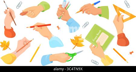 Hände halten Schulmaterial. Hand halten Stift, Bleistift Büro Schreiben Werkzeug verschiedene Schreibwaren Versorgung in Arm Kinder Hausaufgaben zurück zur Schule Zeichnen Studium Werkzeuge Set, saubere Vektor Illustration Original Kunstwerk Stock Vektor
