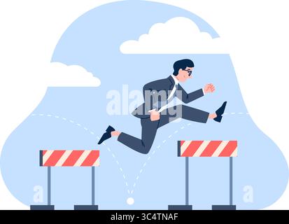 Geschäftsmann über Hürden. Männliche Sprungbarrieren, Lauf- und springende Hürde. Geschäftliche Herausforderungen, Probleme und Schwierigkeiten überwunden, aktueller Vektor Stock Vektor