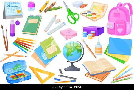 Zeichentrickschule liefert Schreibwaren. Vorschule Schreibwaren-Material-Set, Buch Rucksack Stift Bürobedarf Objekt Aufkleber Globe Notebook Kalender Studie saubere Vektor Illustration Original Artwork Stock Vektor