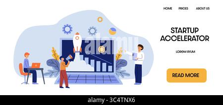 Start-up-Start und Beschleunigung – Business-Team mit Laptop, Rakete, Gewinndiagramm und Megaphon. Flache Darstellung von Teamarbeit und Geschäftswachstum. Stock Vektor