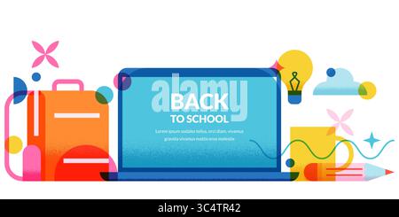 Geometrische flache Vektor-Illustration mit Laptop, Rucksack, Tasse, Bleistift und Glühbirne. Kreatives Konzept für Lernen, E-Learning und Bildung. Zurück zu sc Stock Vektor