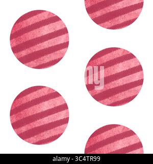 Rote Kugeln mit Streifen. Nahtloses Wasserfarben-halbes Tropfenmuster isoliert auf weiß. Verspieltes minimales Design, geeignet für Kinderprodukte und Textilien Stockfoto
