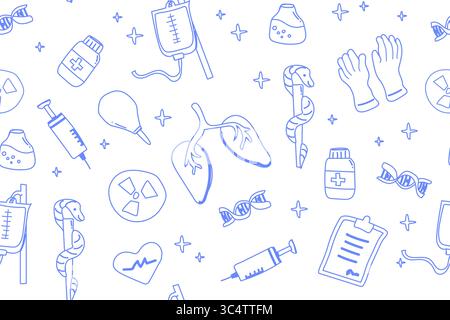 Blauer Umriss medizinisches nahtloses Muster mit Ausrüstung Röntgen, Lungen, Caduceus, DNA-Symbol, Handschuhe, Spritze, Heartbeat icon, Transfusionsbeutel, Einlaufball, Stock Vektor