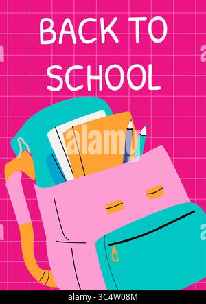 Zurück zur Schule: Farbenfroher Rucksack mit Vorräten auf rosa Gitterhintergrund. Pädagogisches Poster mit Büchern, Bleistiften und lebendigen Schulartikeln Stock Vektor