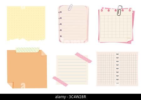 Notizblätter, Postitnotizen, zerrissene Etiketten und klebte Seiten. Klebrige Planer-Elemente, Checklisten und Listenpapier für Scrapbooking oder Schule. Vorlagensatz. Weiß- und Bastelpapier. Vektorabbildung Stock Vektor
