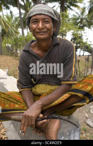 27. August 2008 - Indonesien - Porträt eines Bauern neben den Reisfeldern, die in der Ebene neben der Straße entlang der Nordküste von Lombok gepflanzt wurden. (Kreditbild: © Sergi Reboredo/ZUMA Wire) Stockfoto