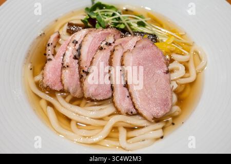 Köstliche japanische Udon-Nudeln mit Suppe, Brühe und Entenscheiben. Stockfoto