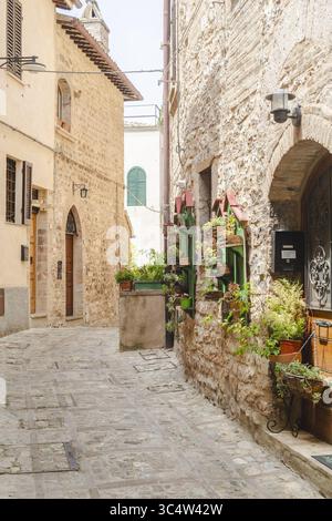 Blick auf die alten Steinmauern, die mit leuchtenden Blumen geschmückt sind, säumen eine enge, gewundene Straße mit alten Steinen, Spello, Umbrien, Italien. Stockfoto