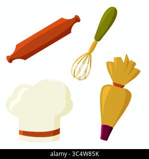 Farbenfrohe flache Illustration von Küchenutensilien und Kochutensilien einschließlich Schneebesen, Spachtel und Backzubehör Stockfoto