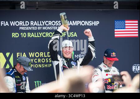30. September 2018: Peter Solberg #11, Johan Kristoffersson #01(Center) und Andreas Bakkerud #13 feiern bei der Rallycross-Weltmeisterschaft auf dem Circuit of the Americas. Austin, Texas. Mario Cantu/CSM(Kreditbild: &Copy; Mario Cantu/CSM via ZUMA Wire) Stockfoto