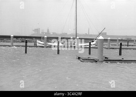 Tjalk, IJm Marina., IJmuiden, Niederlande, 31-03-1994, Whizgle News, Dutch Desk, Niederlande, 1950-2000 Eine ruhige Hafenlandschaft zeigt ein kleines Segelboot, das an einem Dock ankert und Wasserstände um die Holzpfosten ansteigt. Im Hintergrund ist eine ferne Küstenlinie zu sehen, die von einer trüben Atmosphäre umgeben ist. Stockfoto