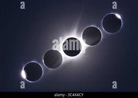 21. August 2017 – Idaho, USA – Ein Komposit aus der totalen Sonnenfinsternis vom 21. August 2017, der die Diamantringe des zweiten und dritten Kontakts und die Perlen von Bailyâ am Anfang (links) und Ende (rechts) der Totalität zeigt und ein Bild der Totalität selbst flankiert. Der Diamantring und die Perlen von Bailyâ sind Einzelbilder. ..die Gesamtbilder sind eine Mischung aus 12 Belichtungen von 1/1600 Sekunden bis 1 Sekunde, die als intelligentes Objekt gestapelt und im mittleren Stapelmodus kombiniert werden, um die Bilder zu überblenden. Mehrere Hochpass-Filterschichten wurden hinzugefügt, um den Kontrast in der koronalen Struktur zu schärfen und zu erhöhen Stockfoto