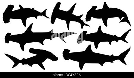 Setzen Sie die Silhouette der Hammerhaie. Stock Vektor