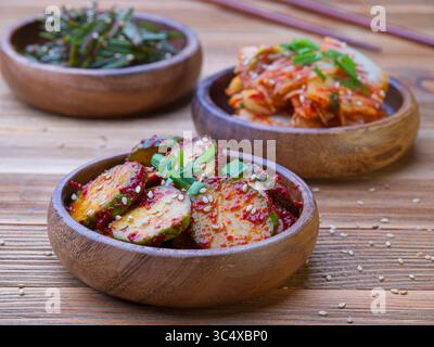 Eine Nahaufnahme verschiedener Arten von koreanischen Kimchi, einschließlich Kohl, Schnittlauchschnitzel und Gurke, in Holzschalen. Stockfoto