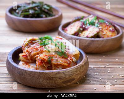 Eine Nahaufnahme verschiedener Arten von koreanischen Kimchi, einschließlich Kohl, Schnittlauchschnitzel und Gurke, in Holzschalen. Stockfoto
