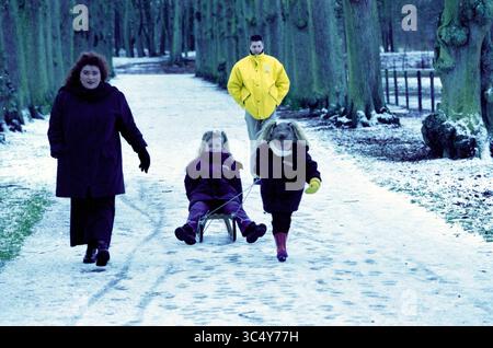 Haarlemmer Wood, Haarlem, Niederlande, 25-12-2000 Whizgle News, Dutch Desk, Niederlande, 1950-2000 Eine Familie genießt einen Wintertag in einem schneebedeckten Park, wobei zwei Kinder auf einem Schlitten von einem von ihnen gezogen werden, während Erwachsene an der Seite laufen. Von Bäumen gesäumte Wege und eine ruhige Atmosphäre schaffen eine verspielte und fröhliche Szene. Stockfoto