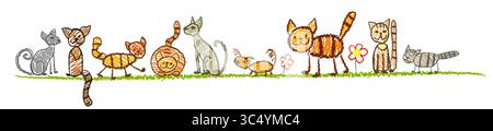 Katzen, die von Kindern mit Bleistiften gezeichnet wurden. Handgezeichnet. Nicht AI, Vektorillustration Stock Vektor