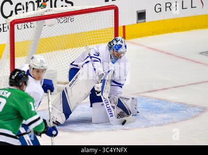 Toronto Maple Leafs Torhüter Frederik Andersen (31). Er wird beim Toronto Maple Leafs at Dallas Stars NHL Spiel im American Airlines Center in Dallas, Texas, 9. Oktober 2018 gerettet. Manny Flores/Cal Sport Media) Stockfoto