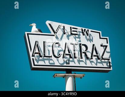 Eine Möwe thront oben auf einem Vintage-Schild mit der Aufschrift View Alcatraz vor einem klaren blauen Himmel in San Francisco, Kalifornien, USA 1. Mai 2016. Stockfoto