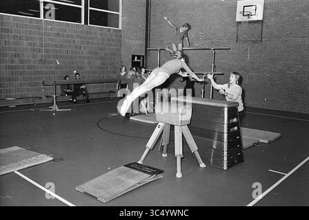 Gymnastikverband IJmuiden, Gymnastik, 15-02-1972 Whizgle News, Dutch Desk, Niederlande, 1950-2000 Ein Turner führt einen dynamischen Sprung von einem Pommel-Pferd aus und bereitet sich auf eine anmutige Landung vor, während Peers beobachten und in einer Turnhalle Unterstützung leisten. Die Szene fängt die Energie und Teamarbeit ein, die beim Training erforderlich sind. Stockfoto