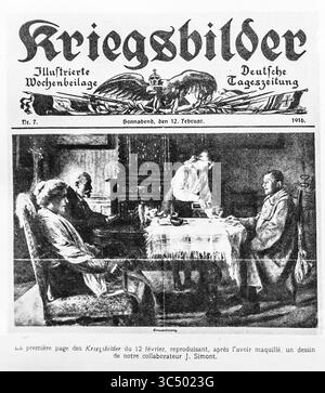 Titelseite der Kriegsbilder, 12. Februar 1916, eine deutsche Kriegsbildbeilage. Dieser von J. Simontówas gezeichnete imageóoriginally wurde modifiziert, um inländische Szenen zu reflektieren. Es wurde am 4. März 1916 in LíIllustration als Beispiel deutscher Propaganda veröffentlicht, die idealisiertes ziviles Leben weit von der Front darstellt. Gemeinfreies Bild, das die mediale Rivalität und Pressesatire widerspiegelt. Stockfoto