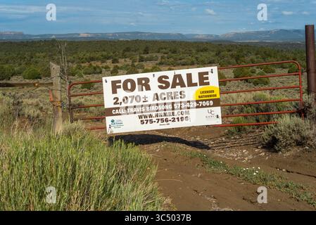 Großes weißes Schild wirbt für Land, das mit wacholderbäumen bedeckt ist und zum Verkauf in Rio Arriba County im Norden von New Mexico, USA, angeboten wird. Stockfoto