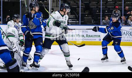 Jacksonville Icemen-Stürmer Everett Clark (17), rechts, bringt Überstunden hinter Florida Everblades Stürmer John McCarron (25), als sein Bruder Emerson Clark (13) spät in der dritten Periode eines ECHL-Profihockeyspiels in der Veterans Memorial Arena in Jacksonville, Florida, am Mittwoch, 4. Dezember 2019 reagiert. [Gary Lloyd McCullough/CSM](Guthaben: &Copy; Gary Lloyd McCullough/CSM via ZUMA Wire) Stockfoto