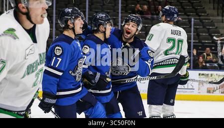 Jacksonville Icemen-Stürmer Everett Clark (17), links, feiert seine Punktzahl, um Überstunden zu erzwingen, mit seinem Bruder Emerson Clark und Mike Hedden (8), rechts, spät in der dritten Periode eines ECHL-Profihockeyspiels gegen die Florida Everblades in der Veterans Memorial Arena in Jacksonville, Florida, Mittwoch, 4. Dezember 2019. [Gary Lloyd McCullough/CSM](Guthaben: &Copy; Gary Lloyd McCullough/CSM via ZUMA Wire) Stockfoto