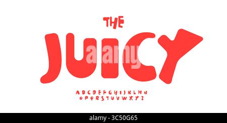 Rotes saftiges Alphabet, kräftige abgerundete Buchstaben, verspieltes Bonbonschriftzeichen für Kinder-Logo, lustige Überschrift, süßes typografisches Design, tolle Typografie, fröhlich Stock Vektor