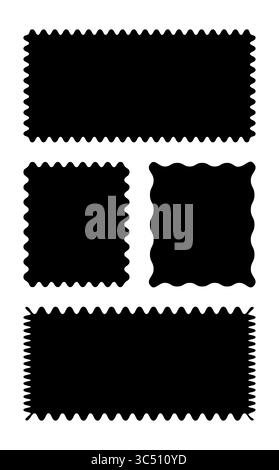 Rechteckige Muster mit schnörkeligen Rändern. Kantenrahmen für Wellenkurven. Schwarze Tags, leere Textfelder, Etiketten, Stempel, Cracker, Coupons mit kurvigem Muster Stock Vektor