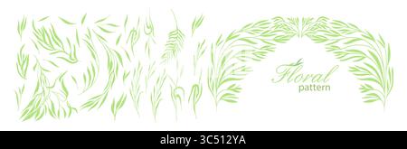 Satz grüner Zweige mit Blättern. Grüner anmutiger Rahmen aus Zweigen. Handzeichnung. Nicht AI, Vektorillustration Stock Vektor