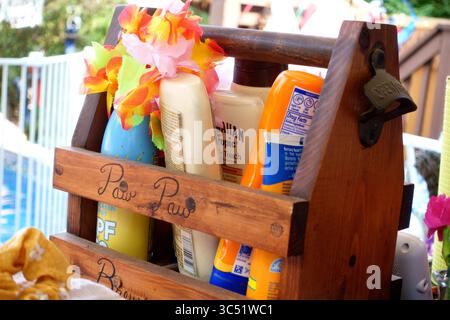 Holzpfoten-Träger gefüllt mit verschiedenen Pool-Hautcremes und Sonnenbrand-Lotionen. Downers Grove Illinois IL USA Stockfoto