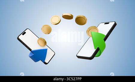 Geldtransfer auf Smartphones auf weichem blauem Hintergrund. Konzept für das Senden und Empfangen von Geld. Münzen, die von einem Mobiltelefon zum anderen übertragen werden, werden nachgeahmt. Stockfoto