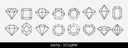 Vektor Edelsteinformen und Edelsteinschnitte im Outline-Stil für Schmuckdesign. Edelsteinillustration - Diamant, Smaragd, Rund, Herz, Achteck Stock Vektor
