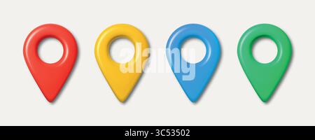 Vektor 3D realistische Kartensymbole in Rot, Gelb, Blau, Grün für GPS-Kartenmarkierung. Symbolsatz für PIN-Zeiger der Navigationskarte für mobile App Stock Vektor