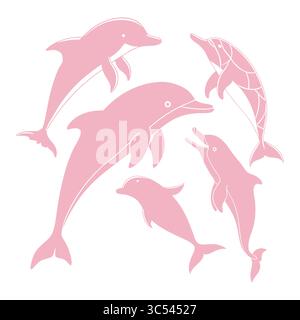 Silhouetten mit den Pink Delfinen des Amazonas River mit Meereslebewesen und verspielten Designs Stock Vektor
