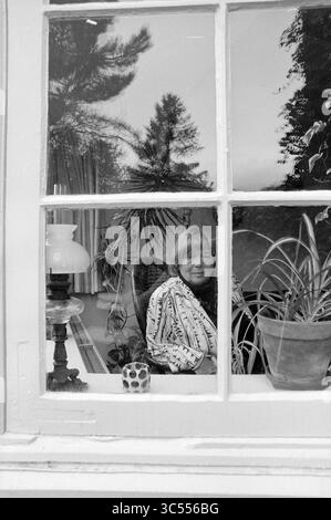 COBI Schreijer (1922-2005), "die 10 Fragen", Haarlem, Niederlande, 16-11-1992 Whizgle News, Dutch Desk, Niederlande, 1950-2000 Eine Person sitzt bequem in einem gemütlichen Innenbereich, umgeben von Pflanzen und weichen Möbeln, und blickt durch ein Fenster. Die Szene wird von einer großen Glasscheibe eingerahmt, die sowohl das Grün draußen als auch die Wärme des Innenraums reflektiert. Stockfoto
