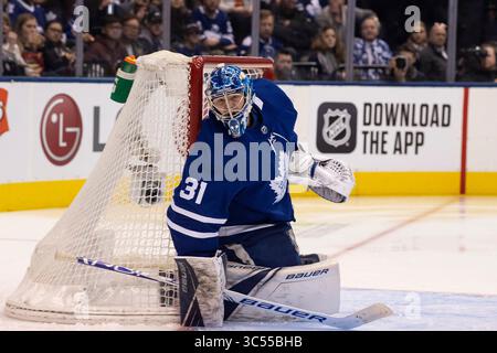 28. Dezember 2019: Frederik Andersen (31), Torhüter der Toronto Maple Leafs, reagiert während des Spiels zwischen den Toronto Maple Leafs und den New York Rangers in der Scotiabank Arena in Toronto, Ontario, Kanada. Die New York Rangers besiegen die Toronto Maple Leafs 5-4 in Überstunden. Obligatorischer Kredit: Kostas Lymperopoulos/CSM (Kredit-Bild: &Copy; Kostas Lymperopoulos/CSM via ZUMA Wire) Stockfoto