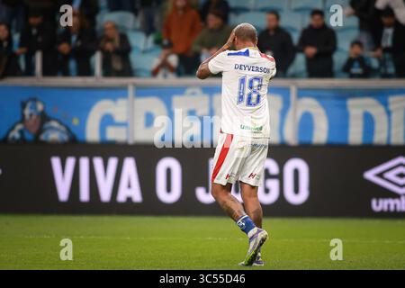 Porto Alegre, Brasilien. Juli 2025. RS - PORTO ALEGRE - 07/29/2025 - BRASILIANER A 2025, GREMIO x FORTALEZA - Deyverson, ein Fortaleza-Spieler, beklagt sich während des Spiels gegen Gremio im Stadion Arena do Gremio um die brasilianische A 2025-Meisterschaft. Foto: Maxi Franzoi/AGIF Credit: AGIF/Alamy Live News Stockfoto