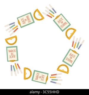 Einfacher Schulkreisrahmen. Runder Schulrand aus verschiedenen Schulobjekten. Weiche Pastellfarben zurück zur Schule Hand gezeichnetes Vektorbanner Stock Vektor