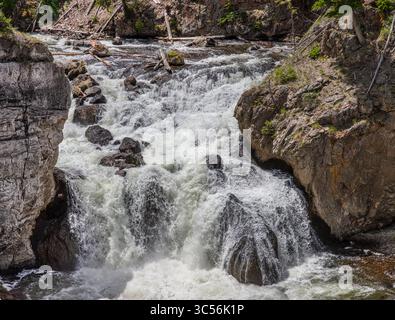 Firehole Falls ist eine malerische, 40 m hohe Wasserfallkette am Firehole River im Firehole Canyon des Yellowstone National Park. Stockfoto