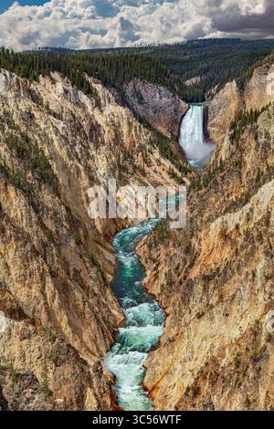 Die Lower Falls, der Yellowstone River, stürzt durch den Grand Canyon des Yellowstone und schneidet eine tiefe Schlucht in Schichten aus vulkanischem Tuff, Rhyolit. Stockfoto