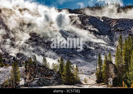 Steam Clouds erheben sich vom Roaring Mountain im Yellowstone-Nationalpark Stockfoto